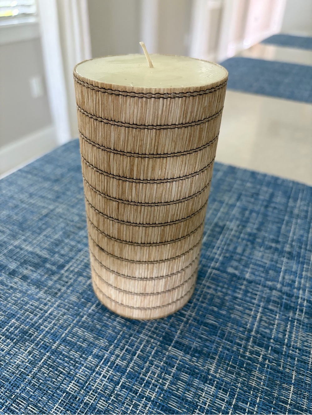 Pottery Barn Raffia Wrapped Unscented Pillar Candle